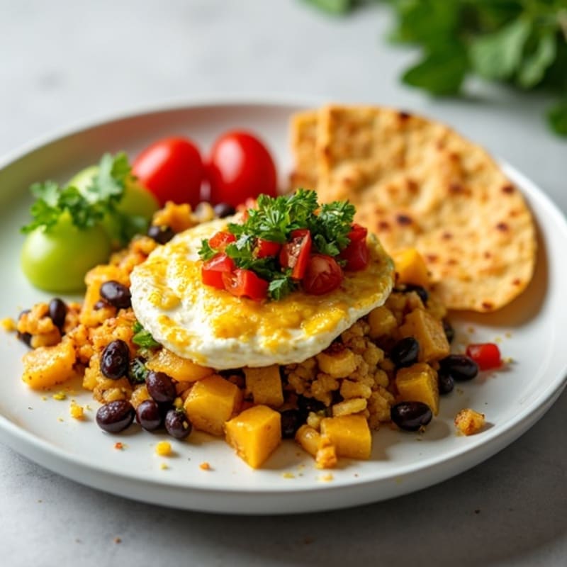 Egg and Black Bean Scramble with Crispy Corn Tortilla and Fresh Salsa