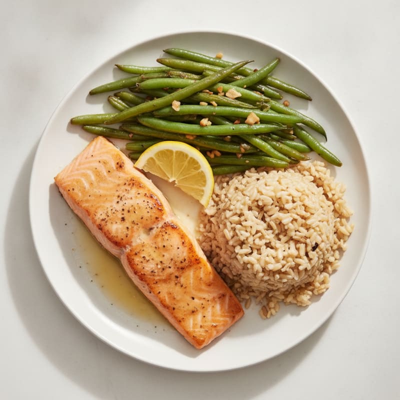 Seared Salmon Fillet with Garlic Green Beans and Brown Rice