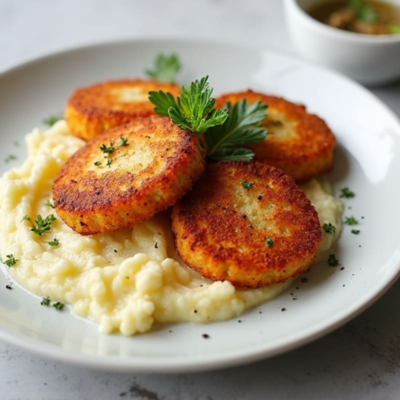 Crispy Tempeh Cutlets with Roasted Garlic Cauliflower Mash