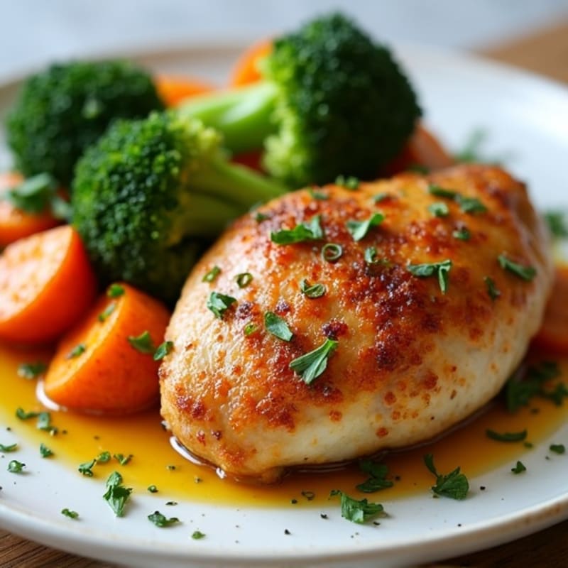 Crispy Lemon-Herb Roasted Chicken Thighs with Roasted Broccoli and Sweet Potatoes