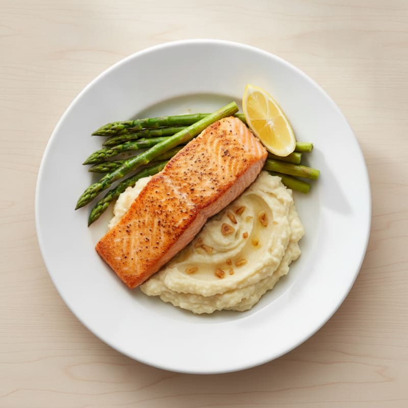 Seared Salmon Fillet with Steamed Asparagus and Cauliflower Mash