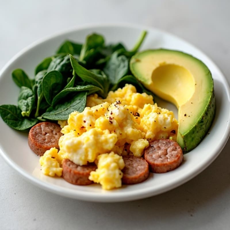 Egg White and Turkey Sausage Scramble with Sautéed Spinach