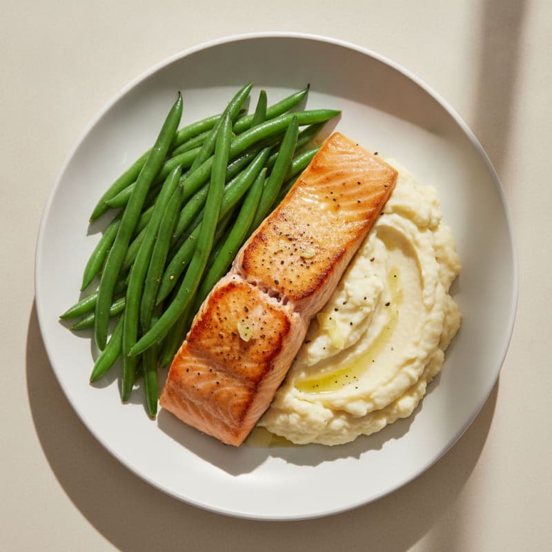 Seared Salmon with Steamed Green Beans and Garlic Mashed Cauliflower