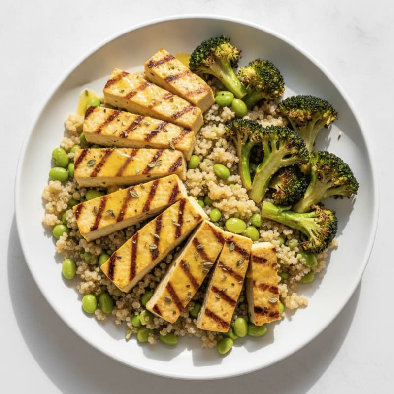 Grilled Lemon Herb Tofu with Quinoa and Roasted Broccoli