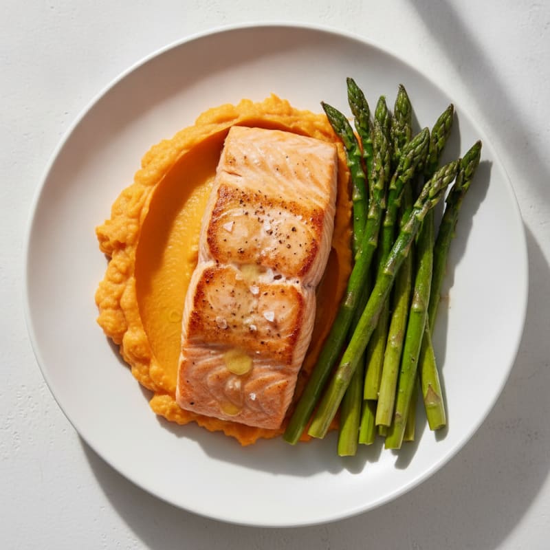 Seared Salmon Fillet with Roasted Asparagus and Sweet Potato Mash