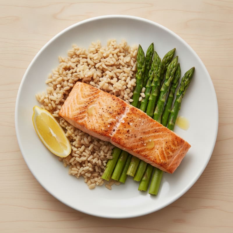 Seared Salmon Fillet with Steamed Asparagus and Brown Rice