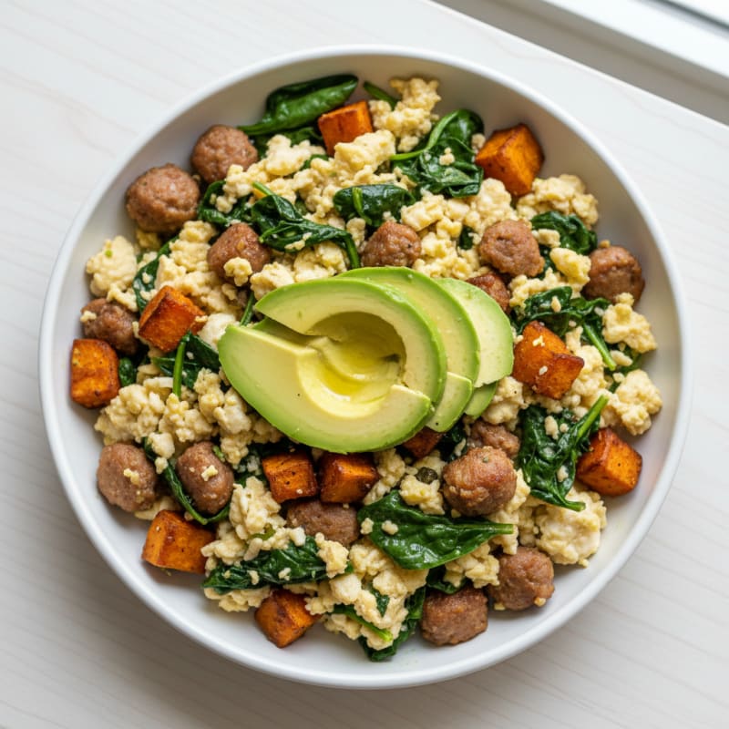 Egg White and Turkey Sausage Scramble with Spinach