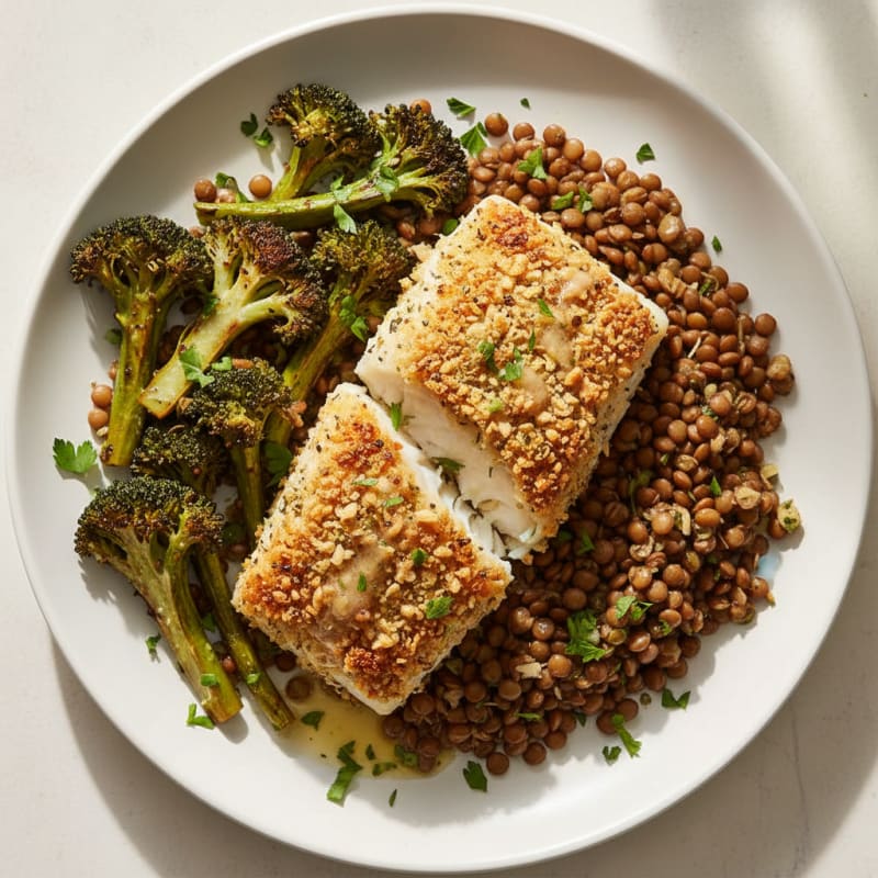 Crispy Baked Cod with Herb-Roasted Broccoli and Lentils