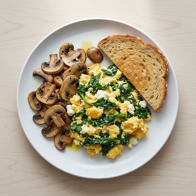 Cottage Cheese Scramble with Spinach and Sautéed Mushrooms