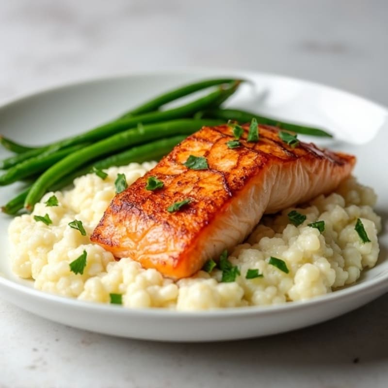 Seared Salmon Fillet with Steamed Green Beans and Cauliflower Mash