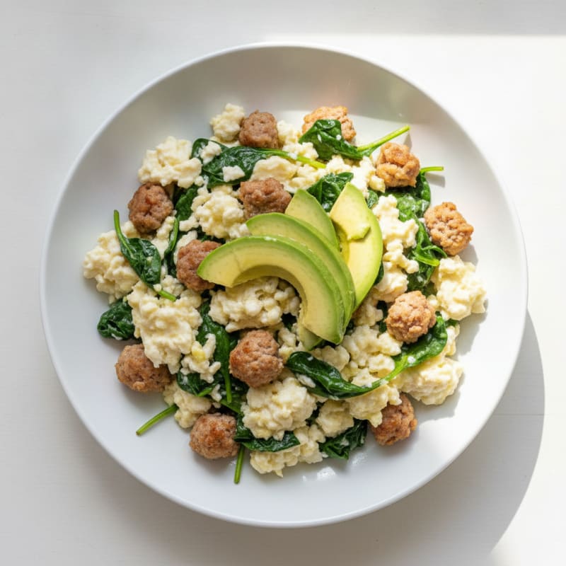 Egg White Scramble with Turkey Sausage and Sautéed Spinach