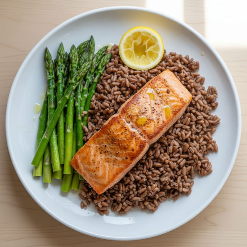 Seared Salmon with Steamed Asparagus and Brown Rice