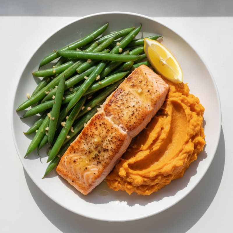 Seared Salmon with Garlic Green Beans and Sweet Potato Mash
