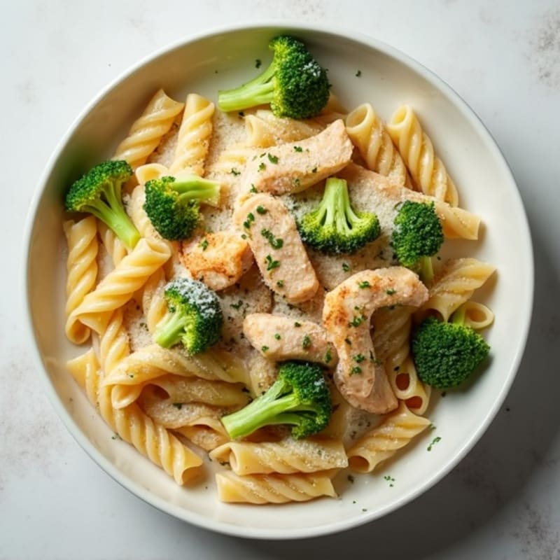 Healthy Creamy Chicken Alfredo Pasta with Roasted Broccoli