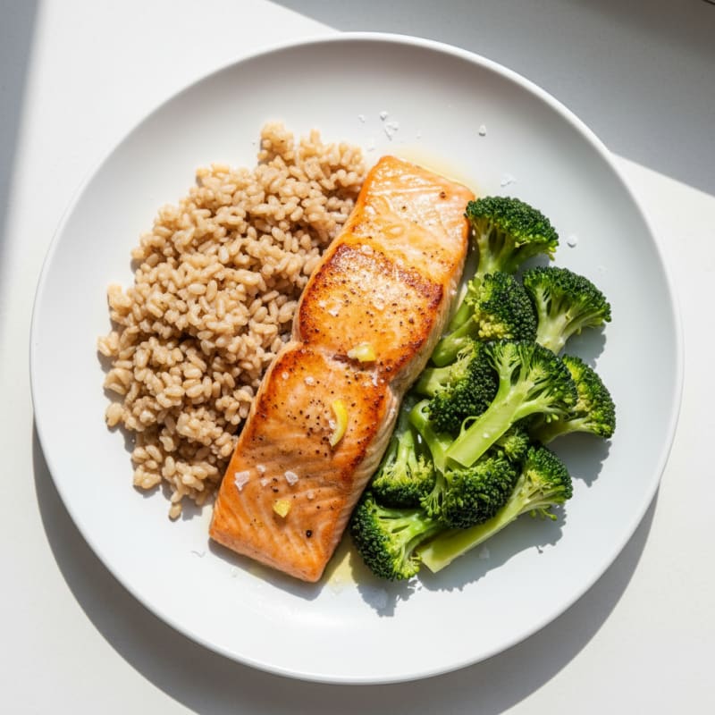 Seared Salmon Fillet with Steamed Broccoli and Brown Rice