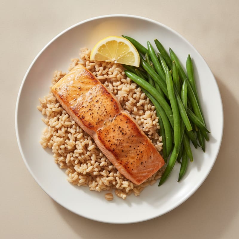 Seared Salmon with Steamed Green Beans and Brown Rice