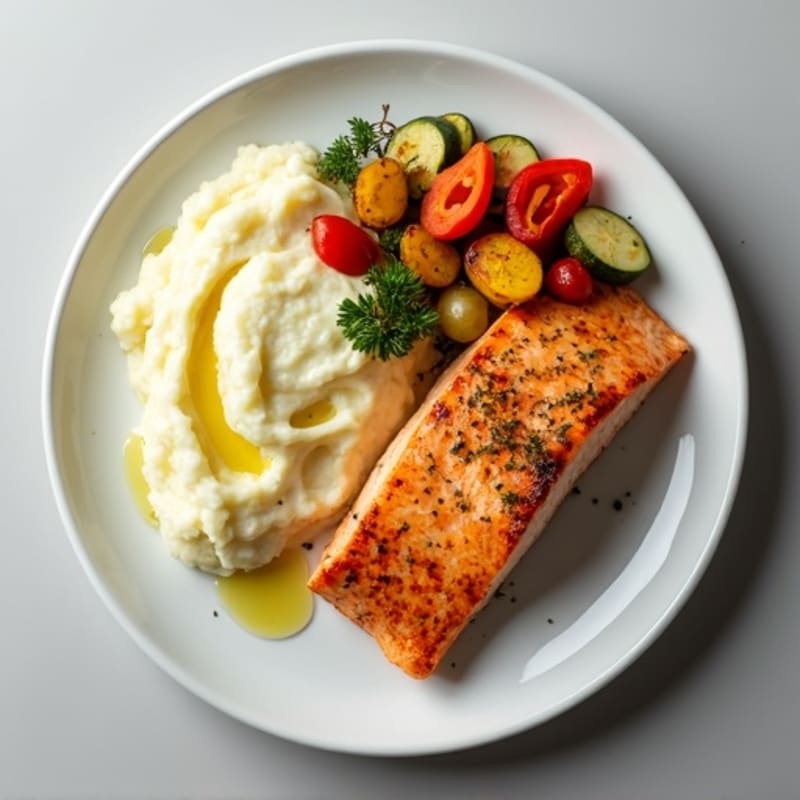Seared Salmon with Herb Roasted Vegetables and Garlic Mashed Potatoes