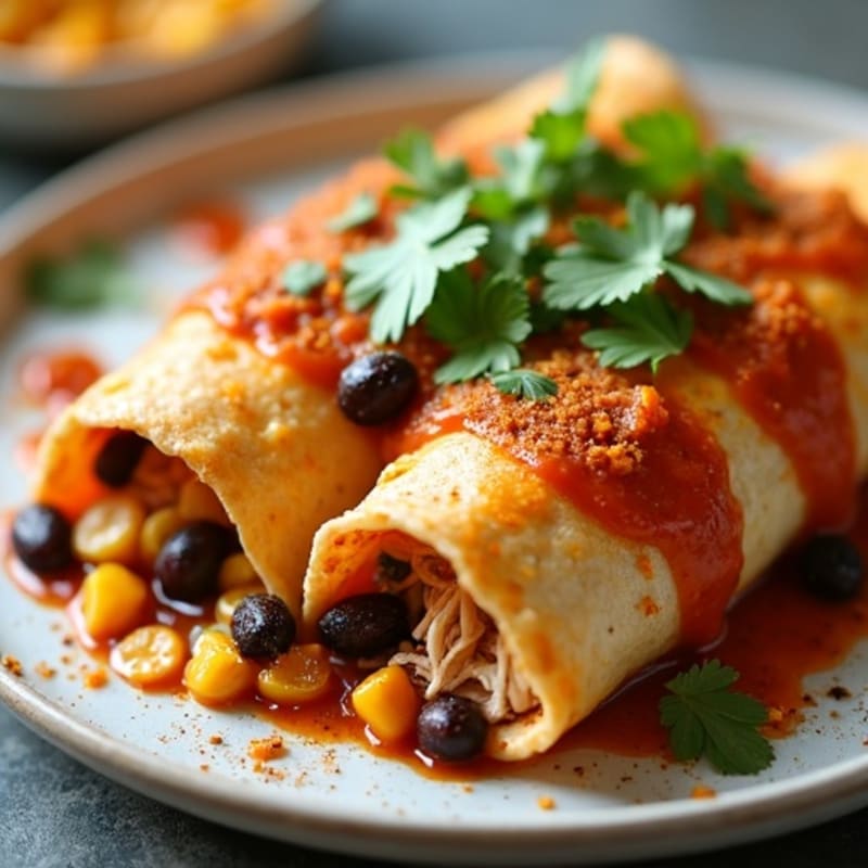 Baked Shredded Chicken Enchiladas with Black Beans and Corn