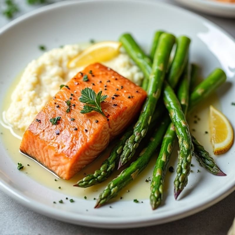 Seared Salmon Fillet with Asparagus and Cauliflower Mash