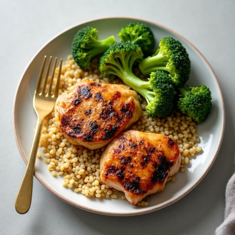 Grilled Chicken Thighs with Roasted Broccoli and Quinoa