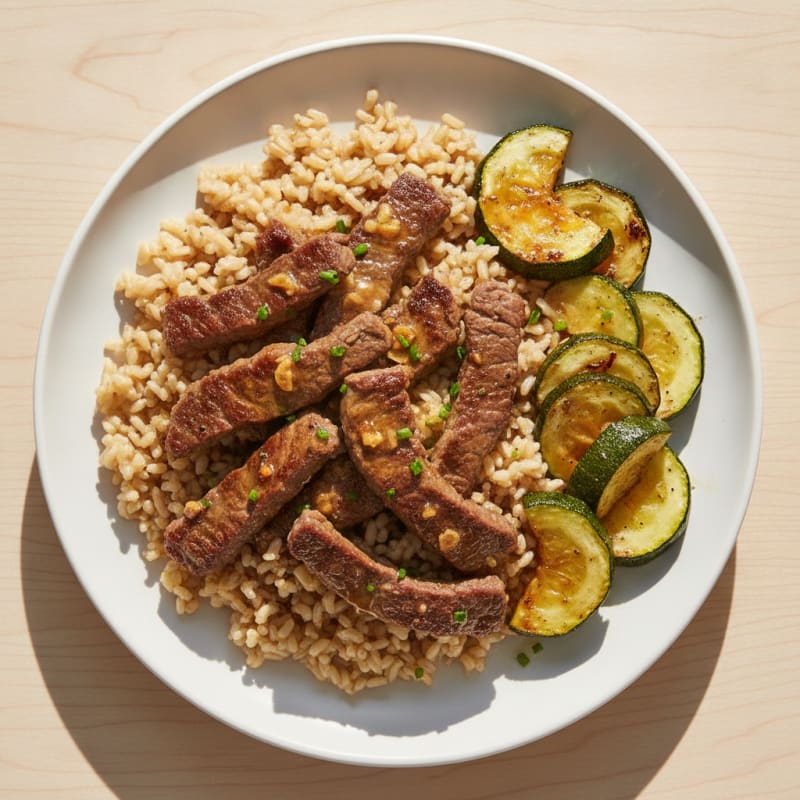 Seared Beef Strips with Brown Rice and Roasted Zucchini