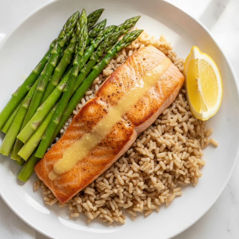 Seared Salmon Fillet with Steamed Asparagus and Brown Rice