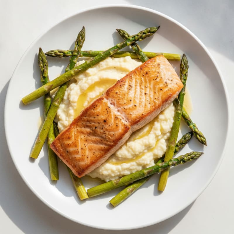 Seared Salmon Fillet with Roasted Asparagus and Cauliflower Mash