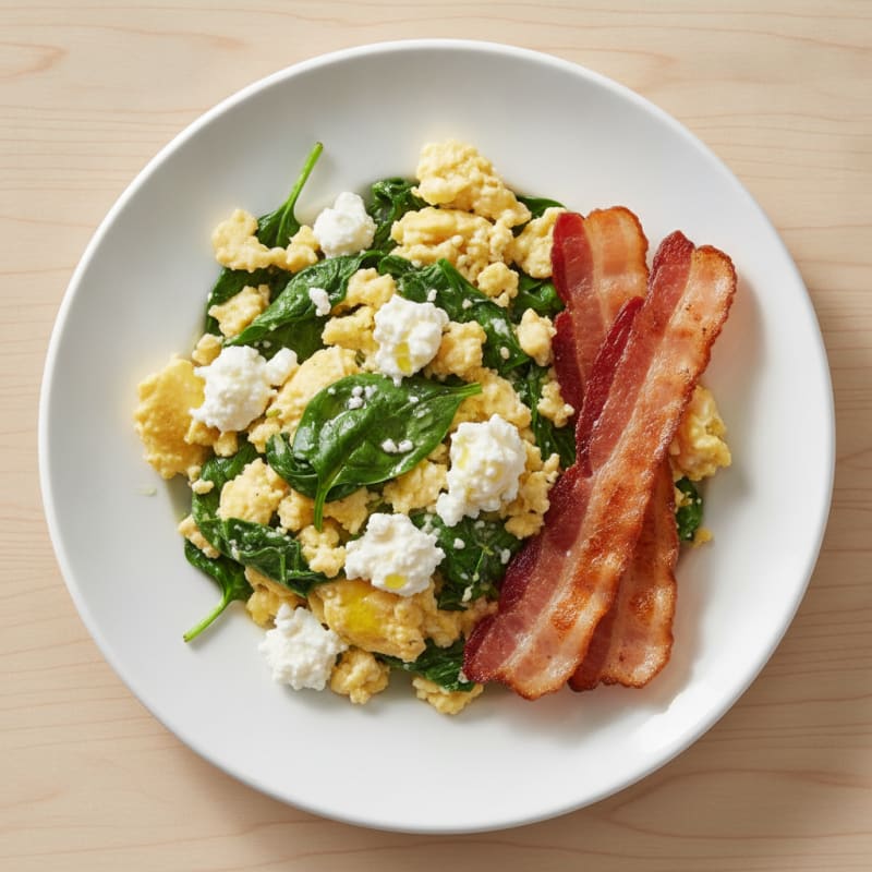 Cottage Cheese Scramble with Spinach and Turkey Bacon