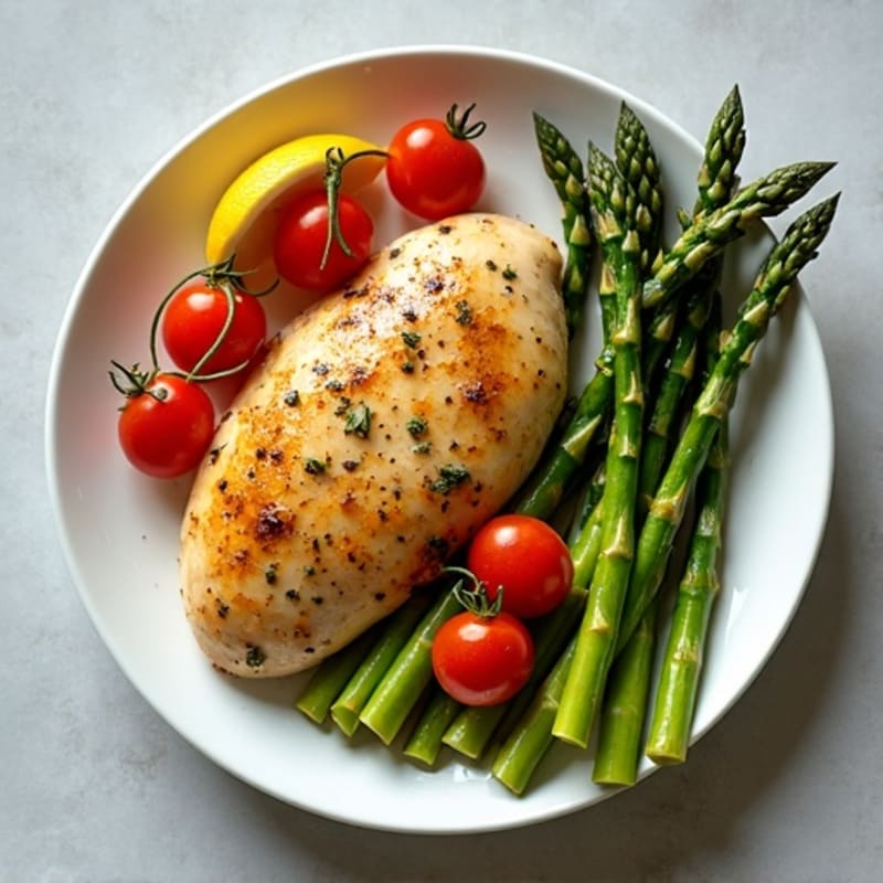 Lemon-Herb Roasted Chicken with Crispy Asparagus and Cherry Tomatoes