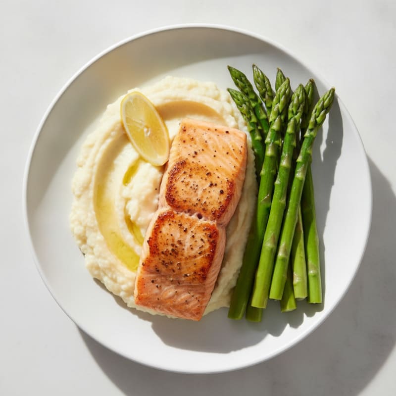 Seared Salmon Fillet with Steamed Asparagus and Cauliflower Mash