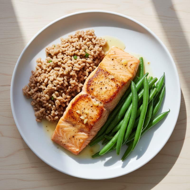 Seared Salmon Fillet with Steamed Green Beans and Brown Rice