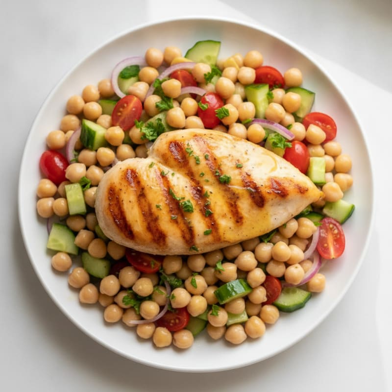 Grilled Chicken Breast with Chickpea-Cucumber Salad and Lemon Vinaigrette