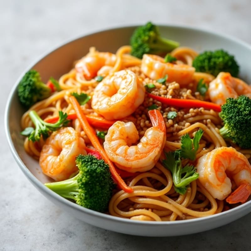 Shrimp and Crispy Veggie Peanut Noodle Stir-Fry
