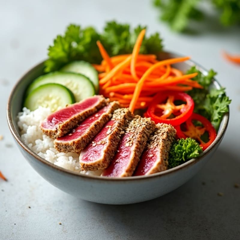 Sesame-Crusted Tuna Rice Bowl with Fresh Vegetables