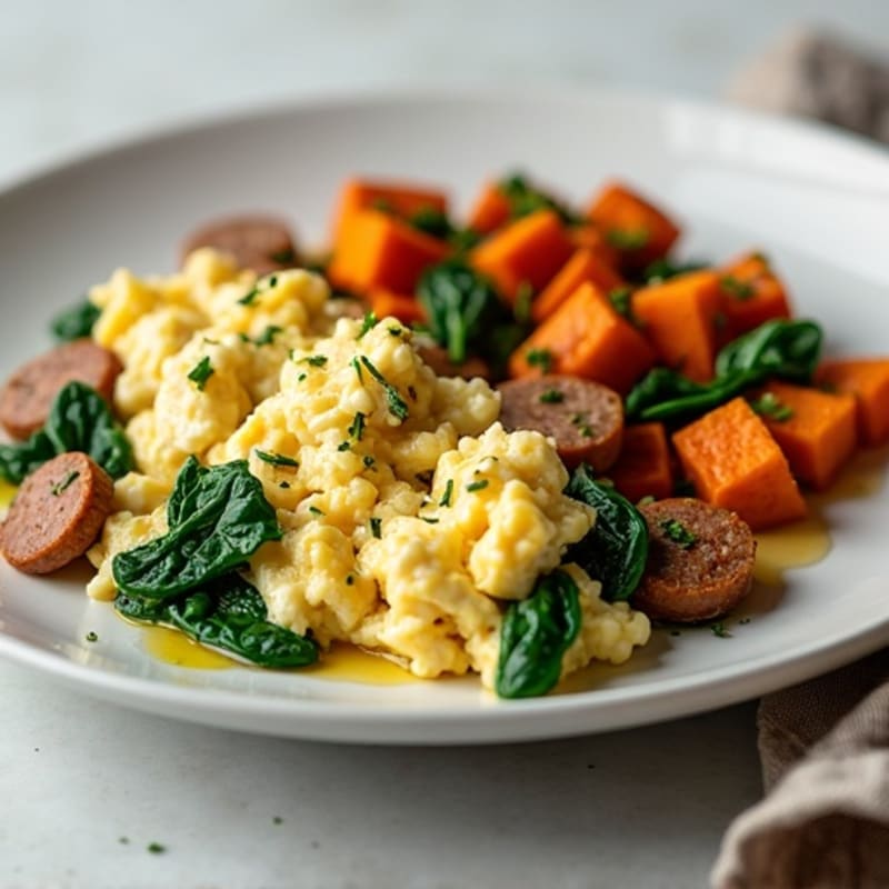 Egg White and Turkey Sausage Scramble with Spinach and Roasted Sweet Potato
