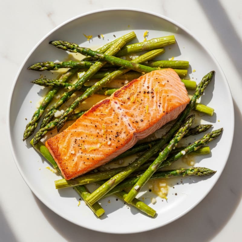 Seared Salmon Fillet with Roasted Asparagus and Lemon Zest