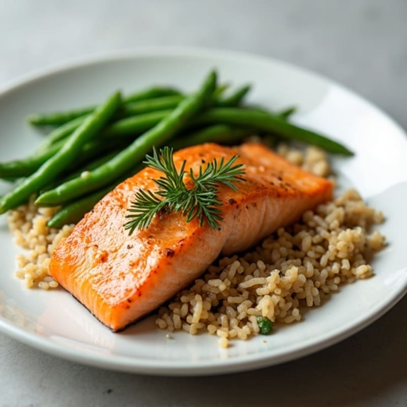 Seared Salmon with Garlic Green Beans and Brown Rice