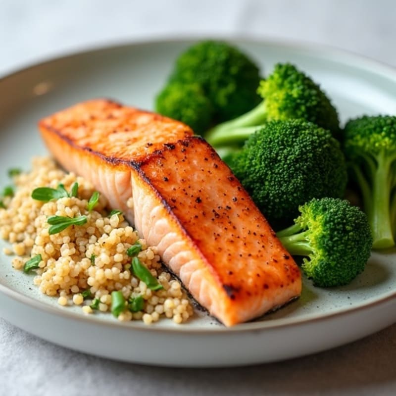 Seared Salmon with Steamed Broccoli and Quinoa