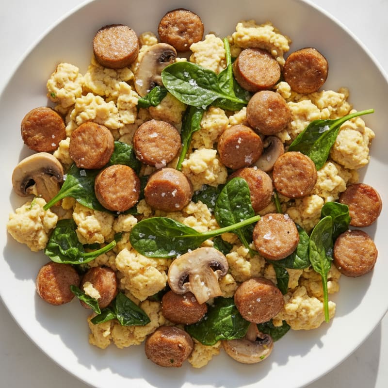Egg White and Turkey Sausage Scramble with Spinach and Sautéed Mushrooms