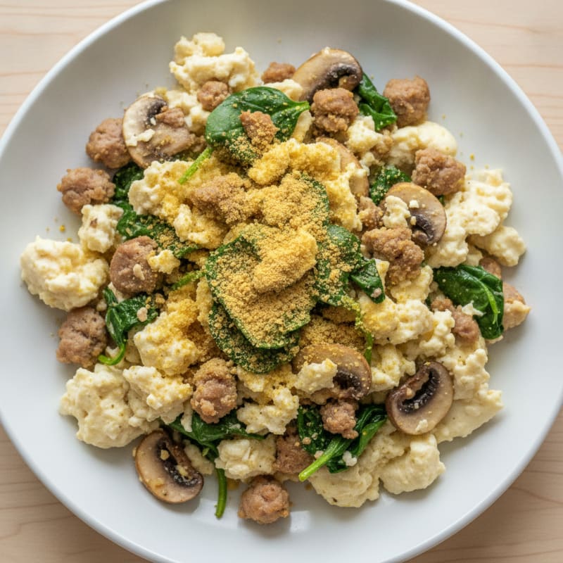 Egg White and Turkey Sausage Scramble with Spinach and Mushrooms