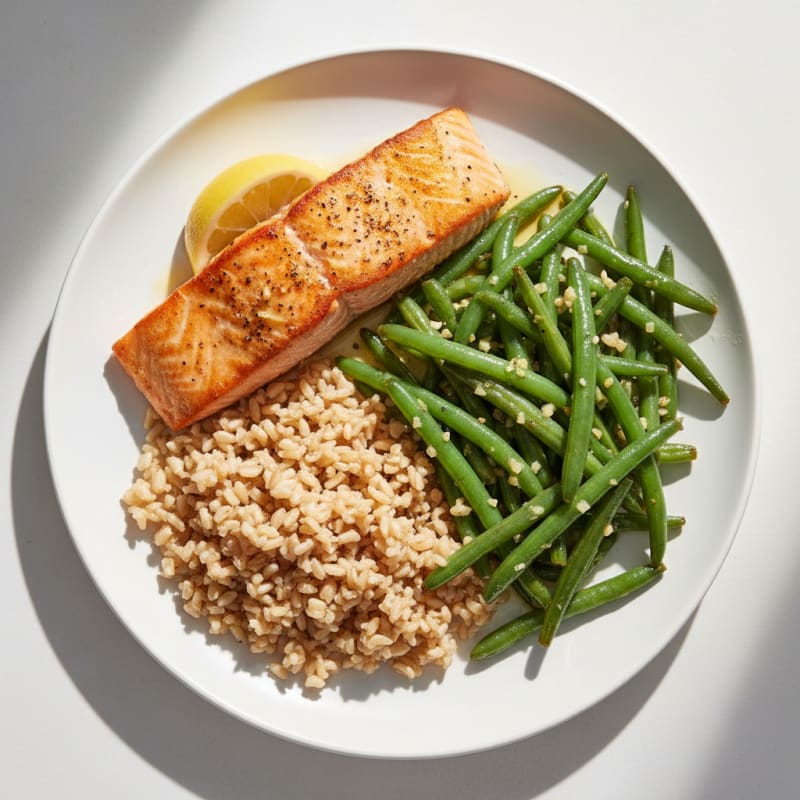 Seared Salmon with Garlic Green Beans and Brown Rice