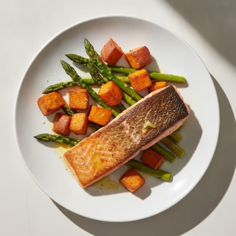 Seared Salmon Fillet with Roasted Sweet Potato and Asparagus