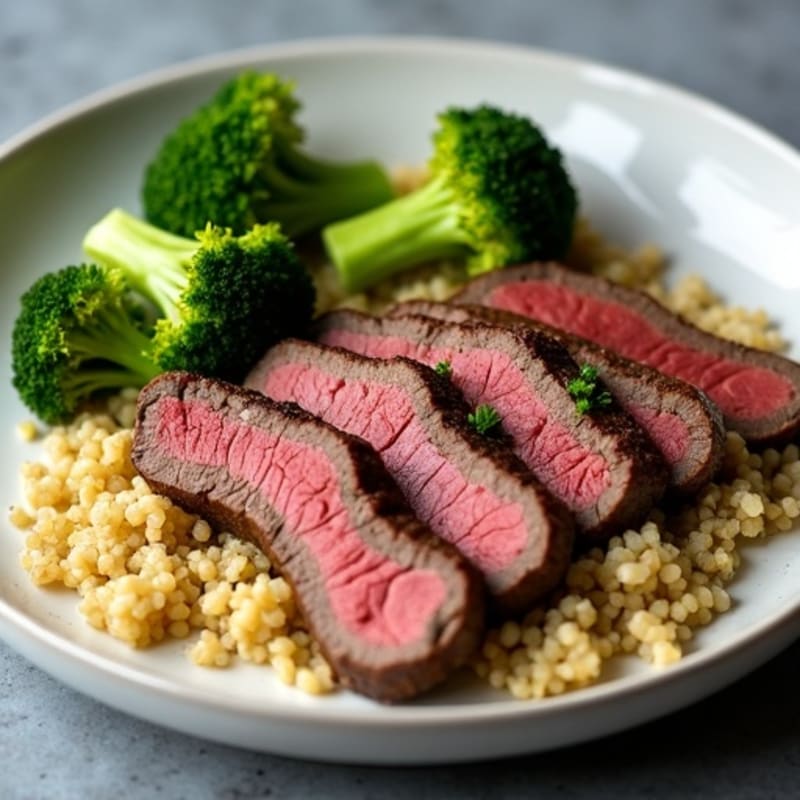 Seared Lean Beef Strips with Roasted Broccoli and Quinoa