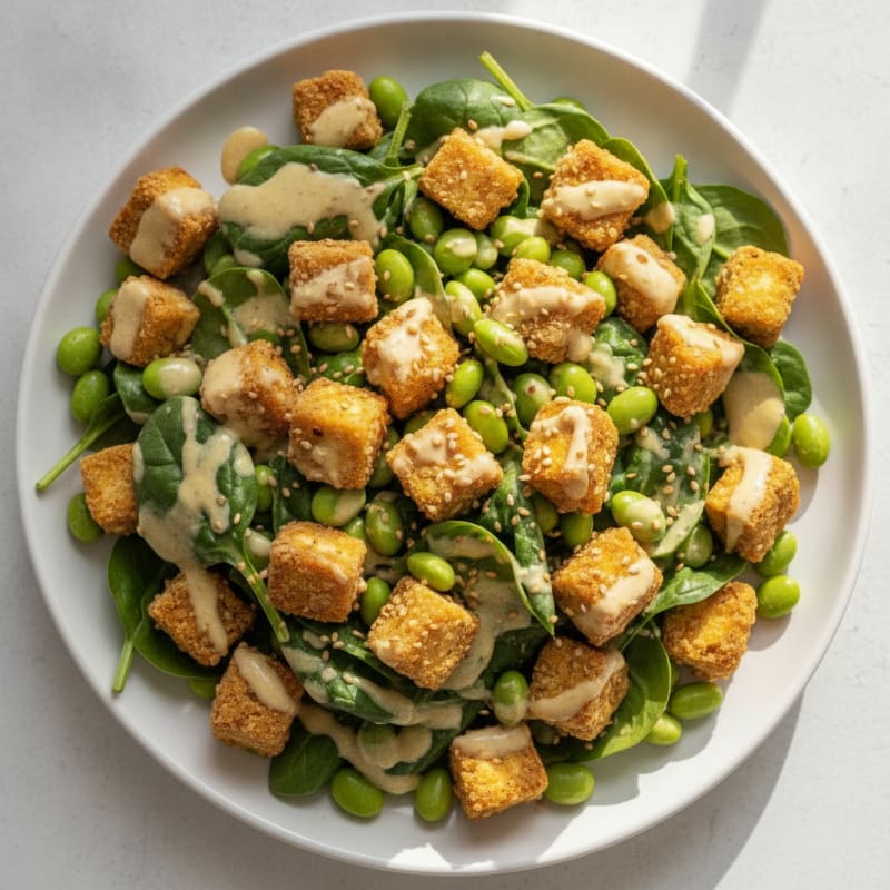 Crispy Tofu and Edamame Salad with Lemon Tahini Dressing