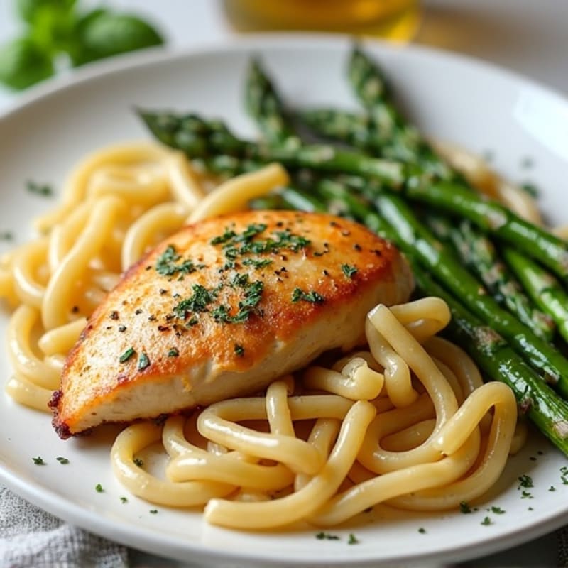 Lemon-Herb Chicken with Whole Wheat Pasta and Roasted Asparagus