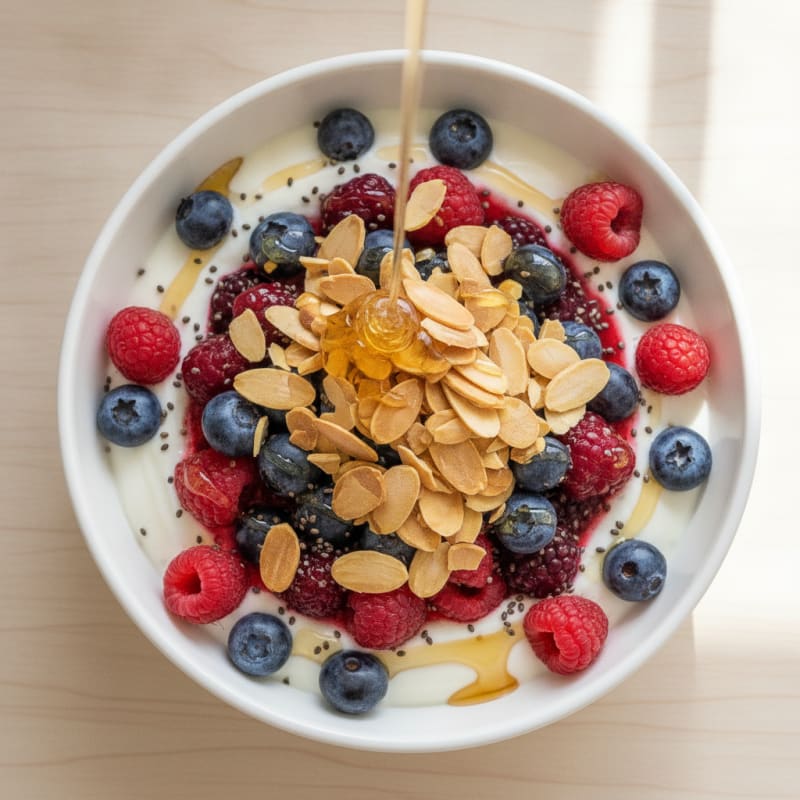 Greek Yogurt Protein Parfait with Mixed Berries and Almonds