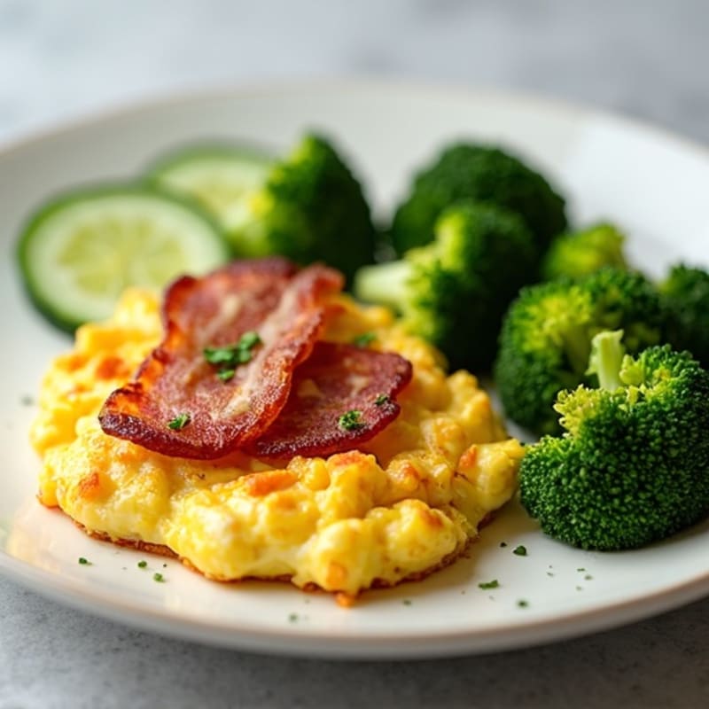 Egg White Scramble with Crispy Bacon, Sautéed Broccoli & Cucumber Sides