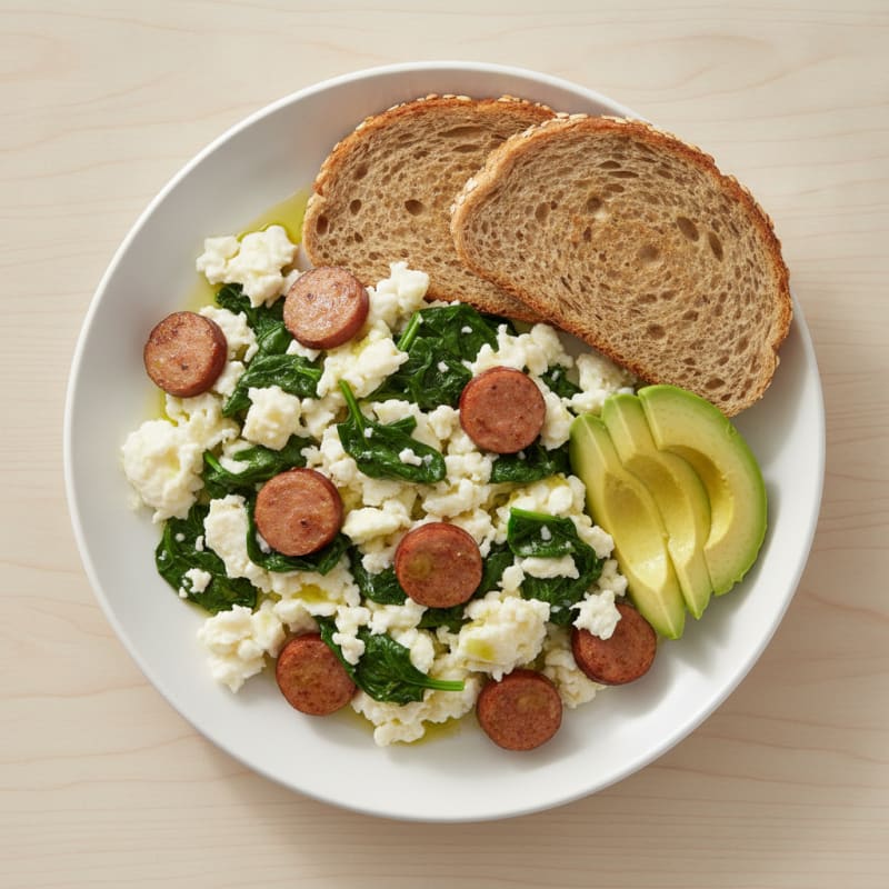 Egg White Scramble with Turkey Sausage and Sautéed Spinach