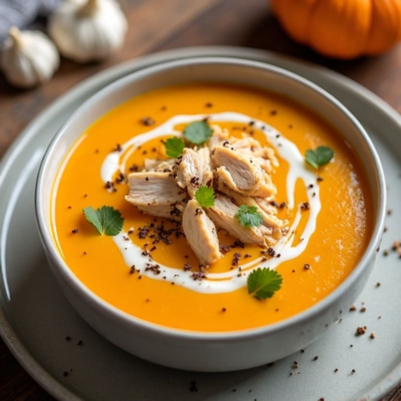 Creamy High-Protein Pumpkin Soup with Shredded Chicken