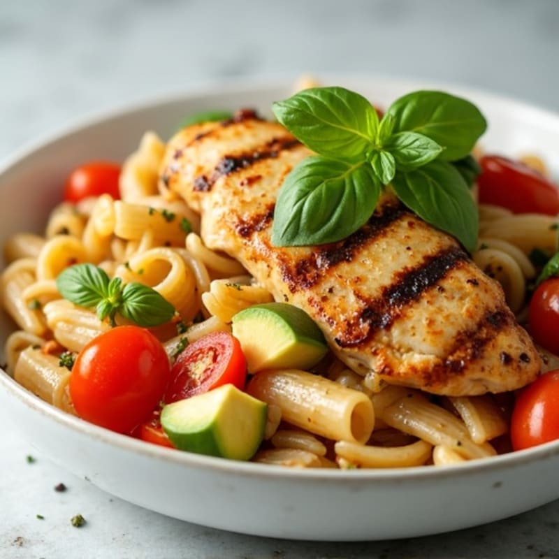 Grilled Chicken Pasta Salad with Cherry Tomatoes and Basil